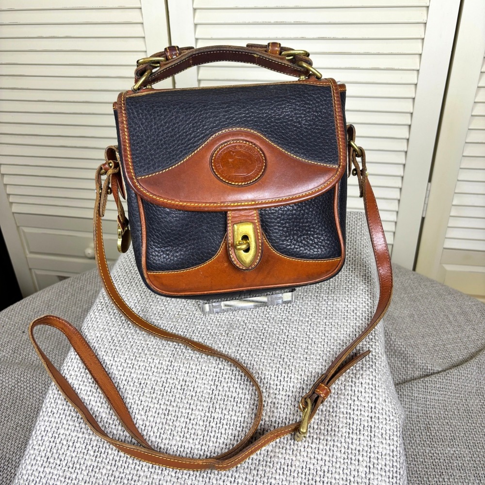 Dooney & Bourke Vintage Navy Blue Tan Leather Crossbody Bag Square Carrier Brass